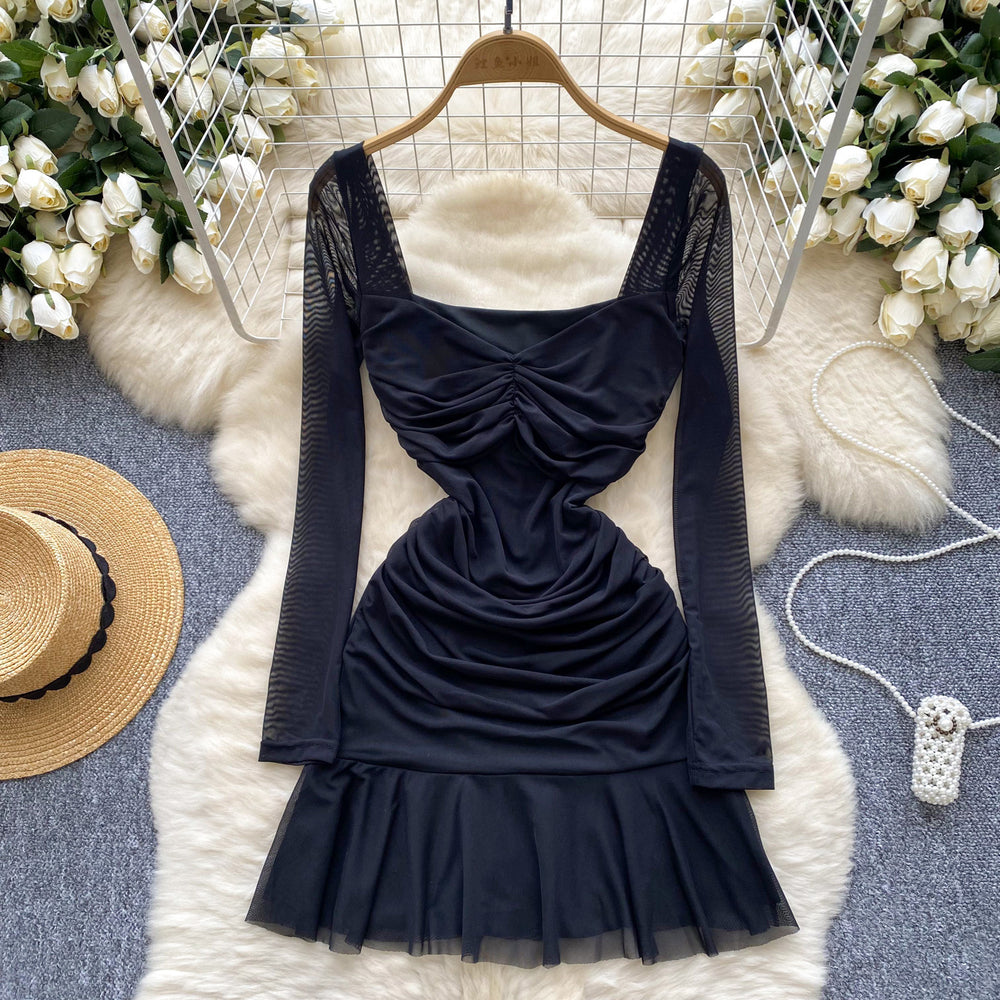 Pure desire sexy women's dress autum pleated waist elegant square neck long sleeves ruffles mesh skirt