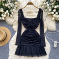 Pure desire sexy women's dress autum pleated waist elegant square neck long sleeves ruffles mesh skirt