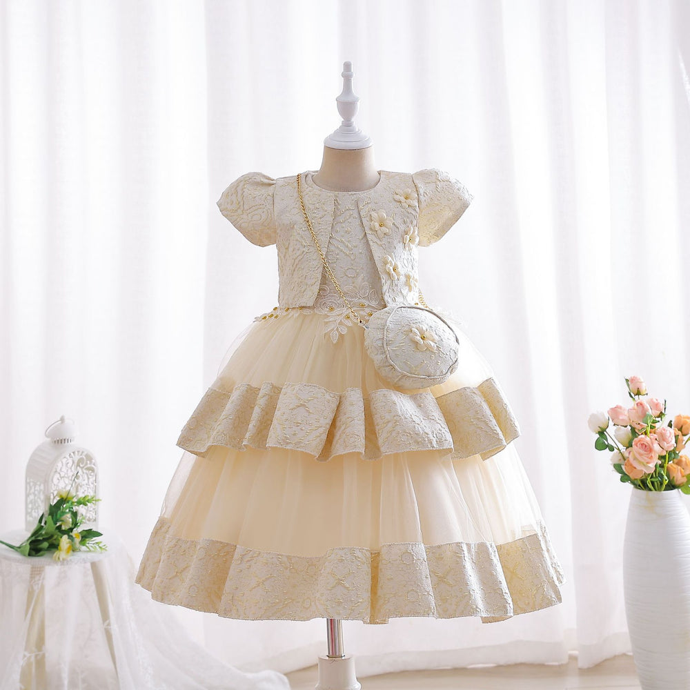 new arrival: double-layered gold lace children's formal dress, princess gown, flower girl dress, kids' dress