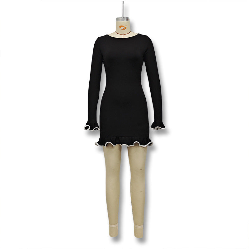 Aliexpress fashion: new autumn/winter european & american style women's elegant solid color round neck lace trim short long sleeve knitted dress