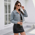 Fashion cross-border export lapel double chest pocket metal single-breasted long sleeves hem hair cut short denim outwear