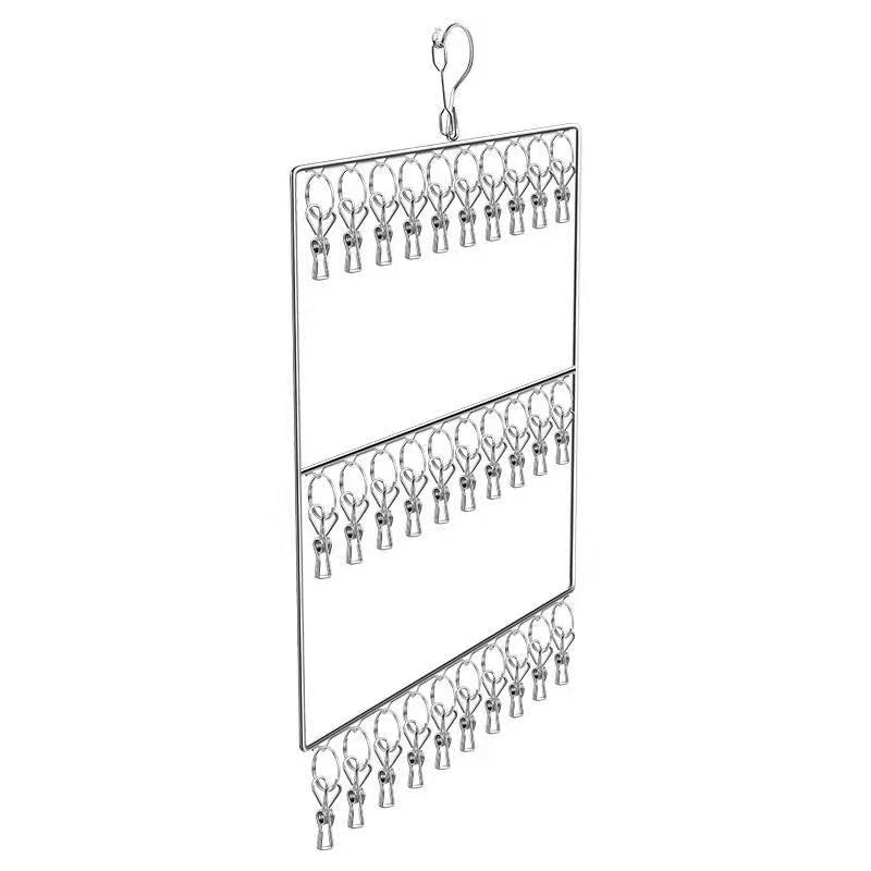 Stainless steel thickened multi-head clothes hanger with multiple clips for drying socks, multi-functional drying rack for underwear, windproof sock drying rack