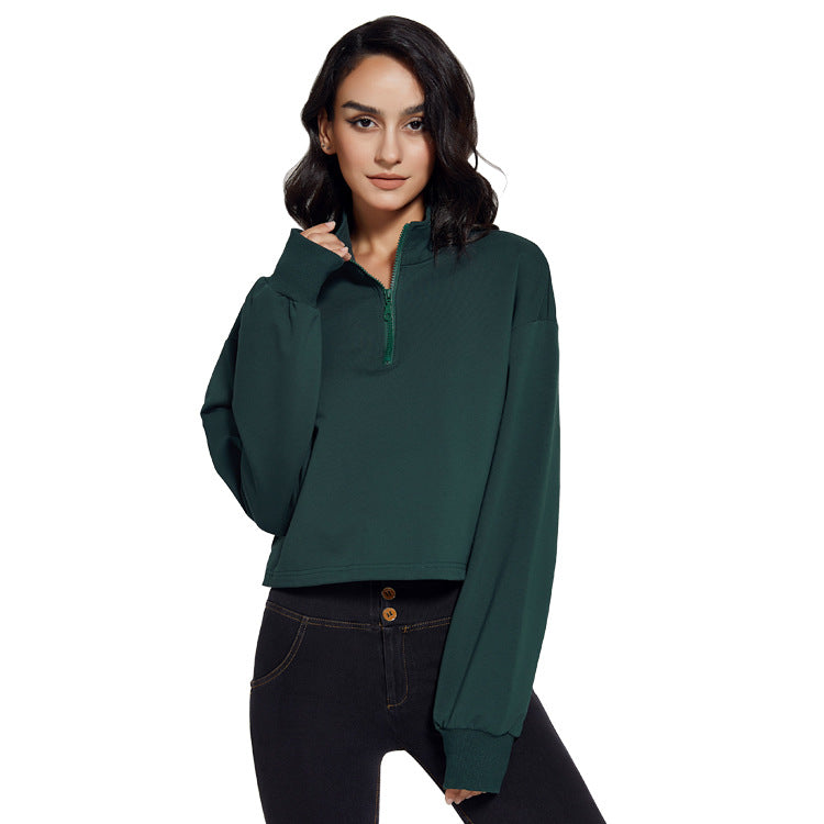 new european and american style stand collar fitness sweatshirt for women - loose fit zipper drawstring long sleeve yoga top t-shirt