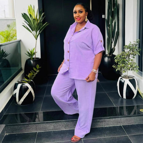 African large size women's clothing solid color lapel shorts cardigan shirt women's casual trousers European and American loose fashion two-piece set