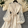 European and american style elegant stand collar single-breasted heavily crocheted embroidered lantern sleeve tie-waist maxi dress
