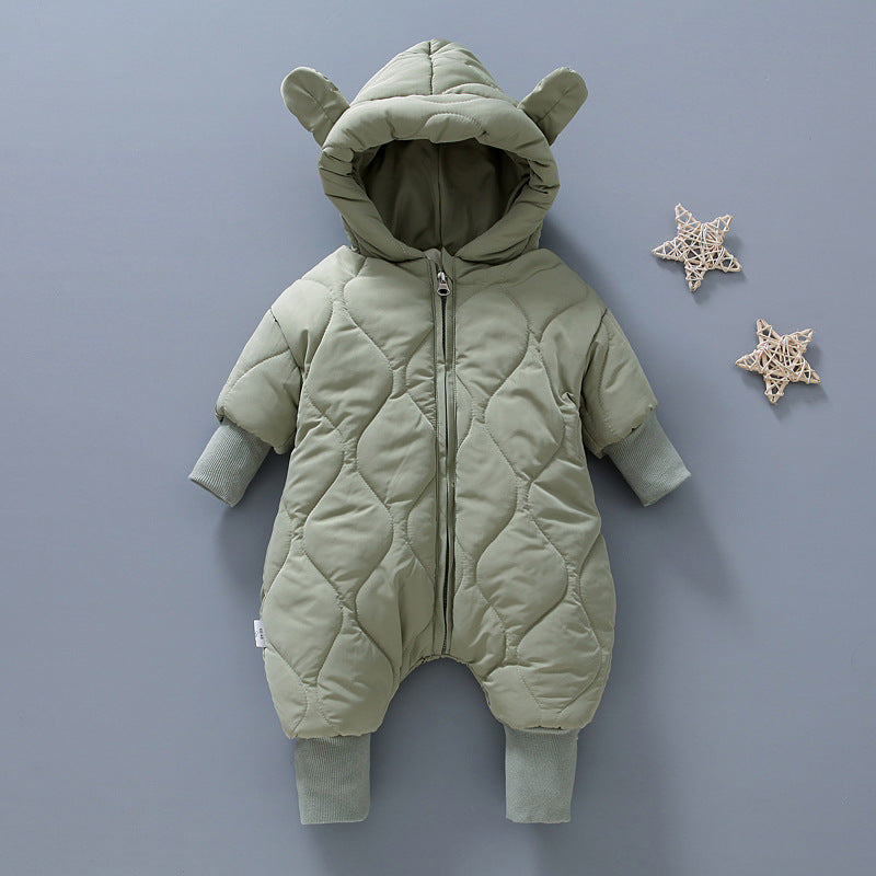 Infant and toddler onesies, fleece-lined and cotton-padded rompers, newborn hooded quilted winter outfits, stylish outdoor wear