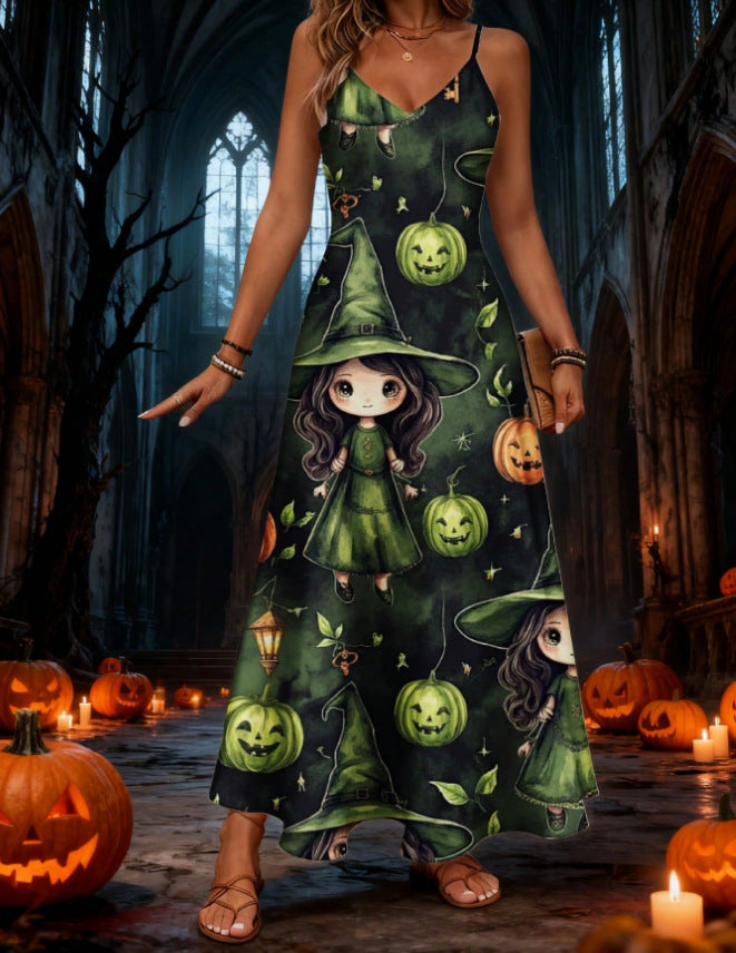 halloween pattern printing longdressv neckloose vacation suspender skirt