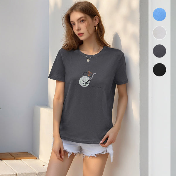2025 summer new European and American casual tops  loose crew neck cute cartoon printed t-shirt women