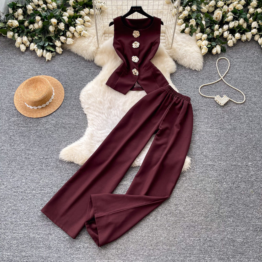 K-stylework clothing style stereo flower decoration vest high waistloose pantstwo-piece set female summervestslimming looksuit
