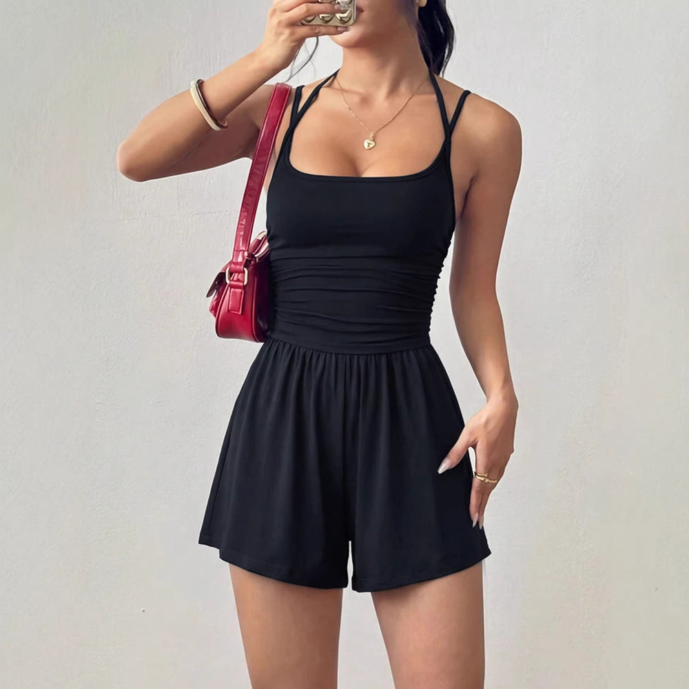 Amazon fashion cross-border  summer new style suspender women's casual chest wrap jumpsuit shorts wide leg loose