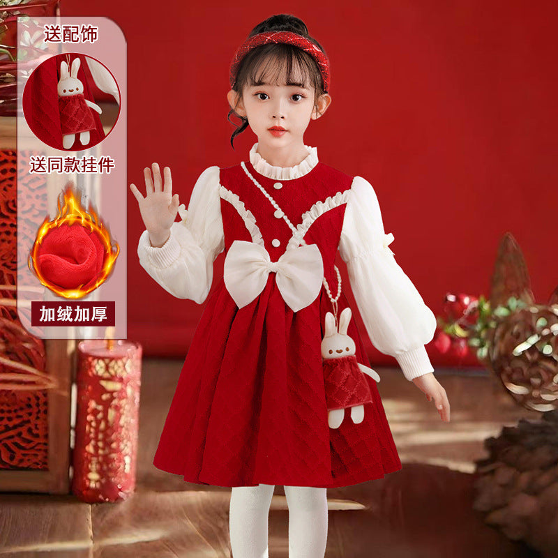 Hot-selling girls' dresses in stock: festive red new year outfit with plush lining - stylish and trendy winter wear for kids