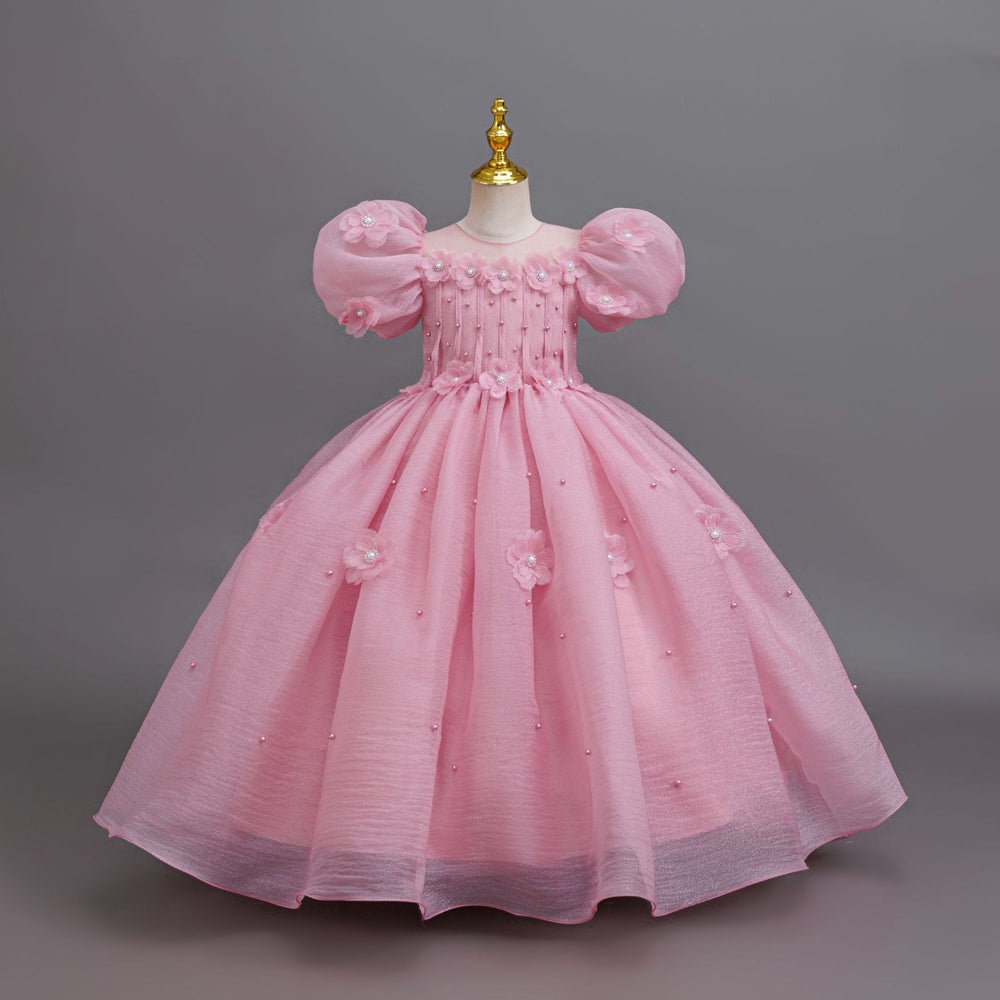 Ready-to-ship children's formal dress: bubble sleeve floral wedding dress, princess party dress for girls