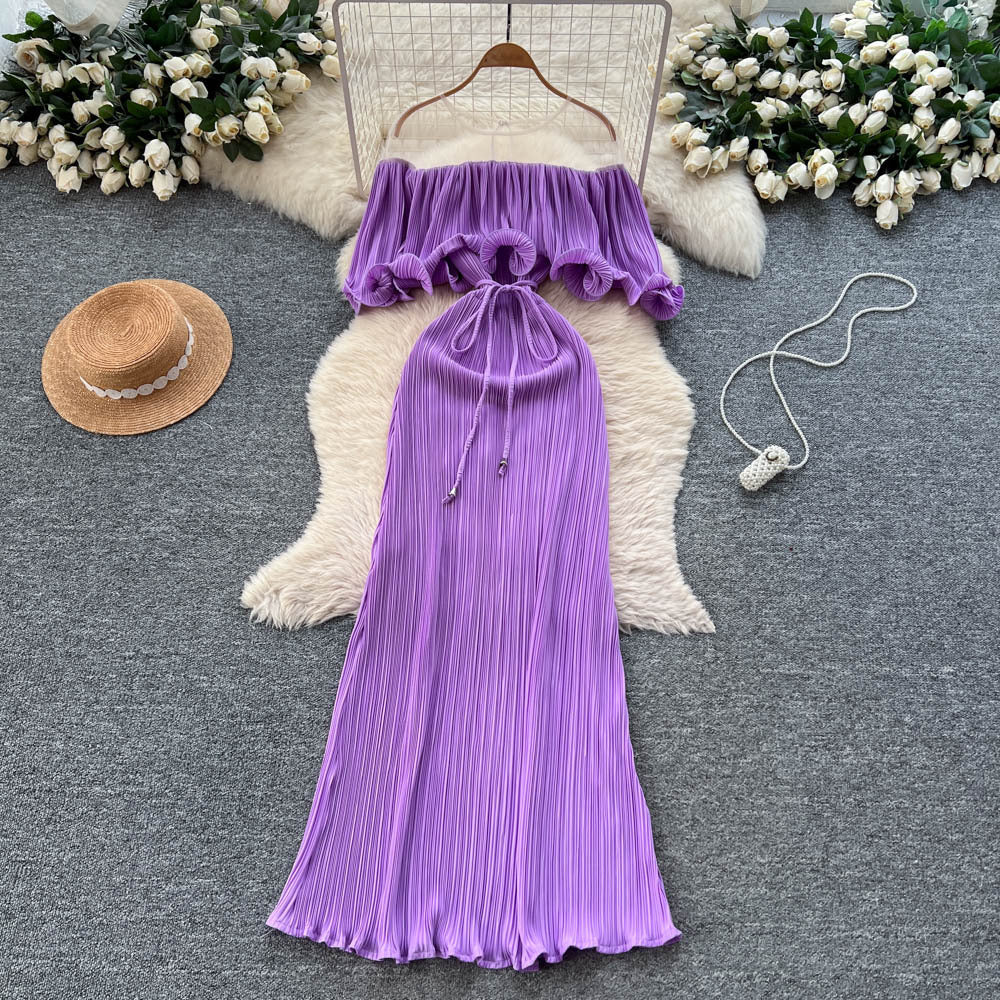 French one-shoulder ruffle tie-up dress - women's summer slimming a-line pleated maxi dress - vacation style