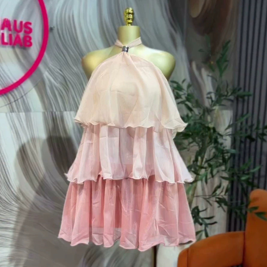 European and american cross-border women's fashion:  summer new arrival - sweet and cute halter neck ruffle sleeveless mini cake dress