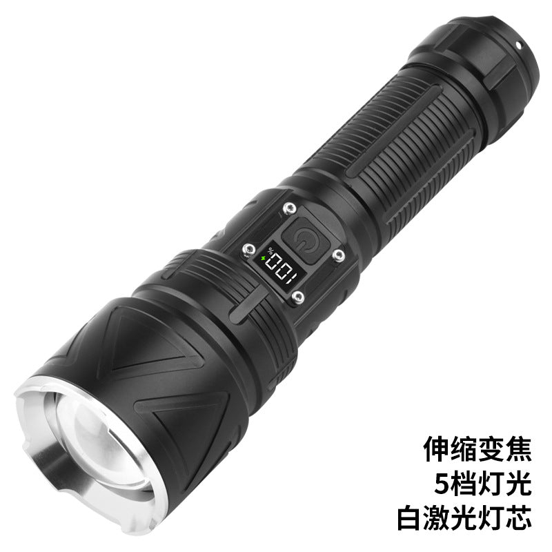 Cross-border new white laser flashlight digital display telescopic zoom TYPE-C charging can output strong light flashlight