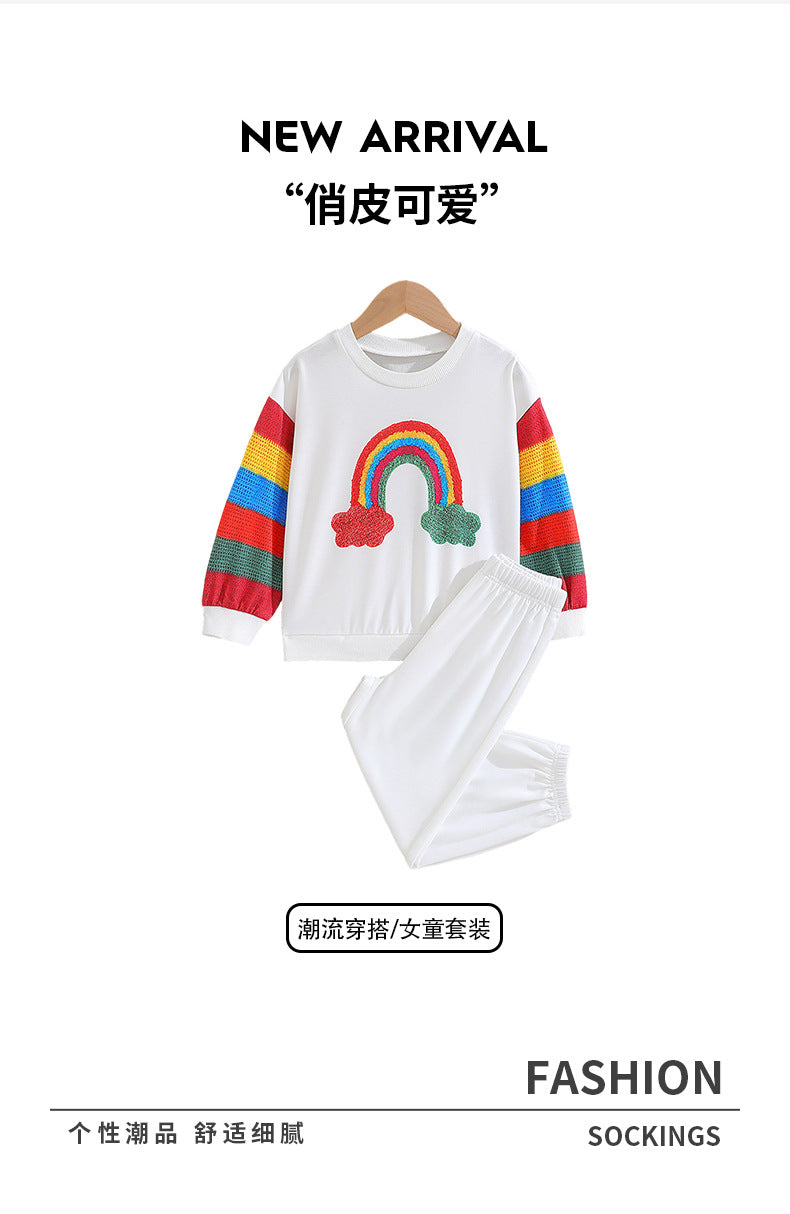 Export kidssweatshirttwo-piece setwhite round neck long sleeves rainbow embroiderprinting joggers pants boys and girls suit
