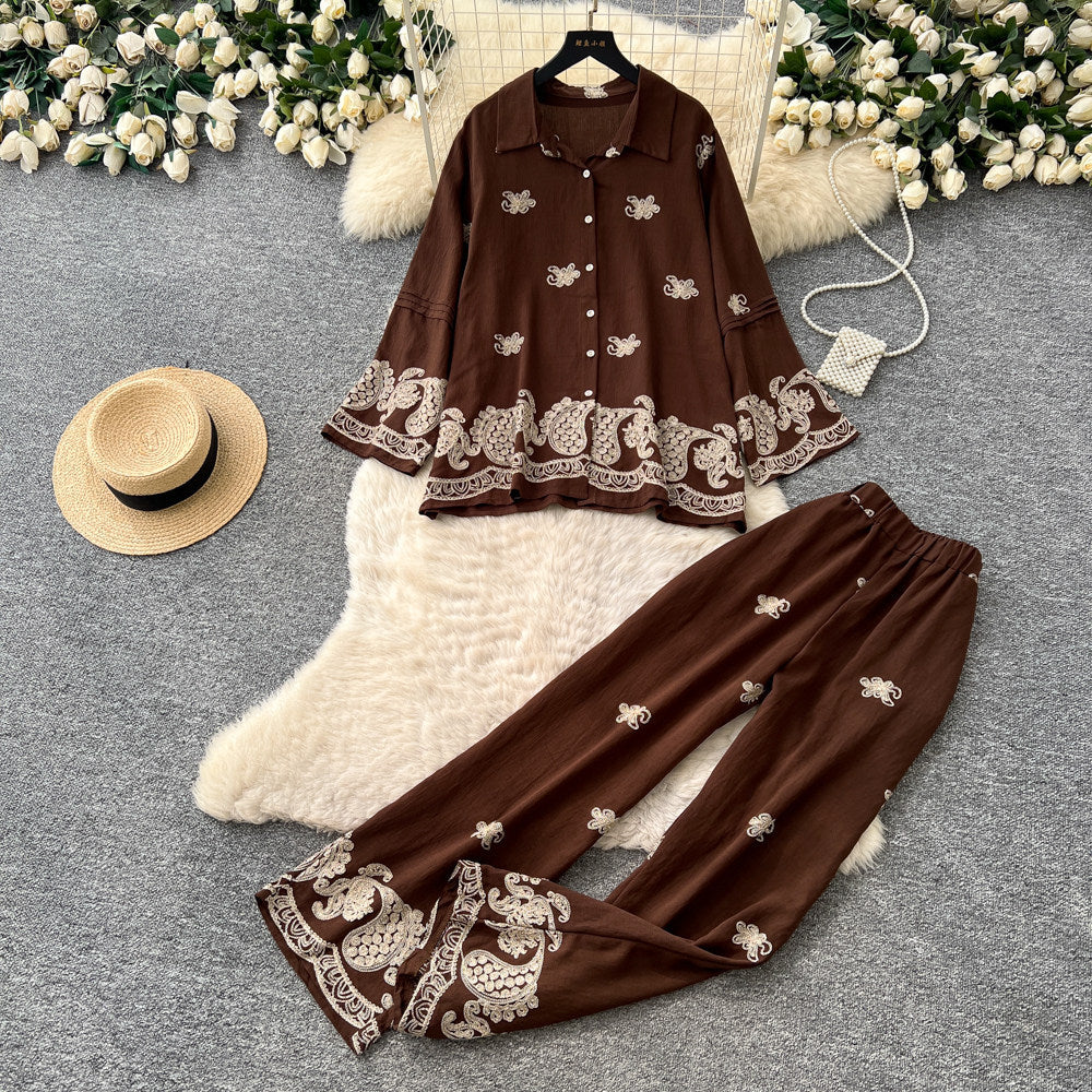 Vintage court style embroidered print elegant two-piece set - women's autumn polo collar slim fit wide leg pants - executive lady outfit