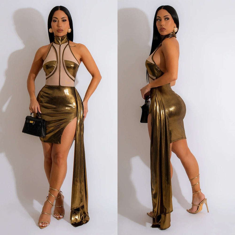 C6358 cross-border   fashion women's solid color side cape sleeveless mini dress