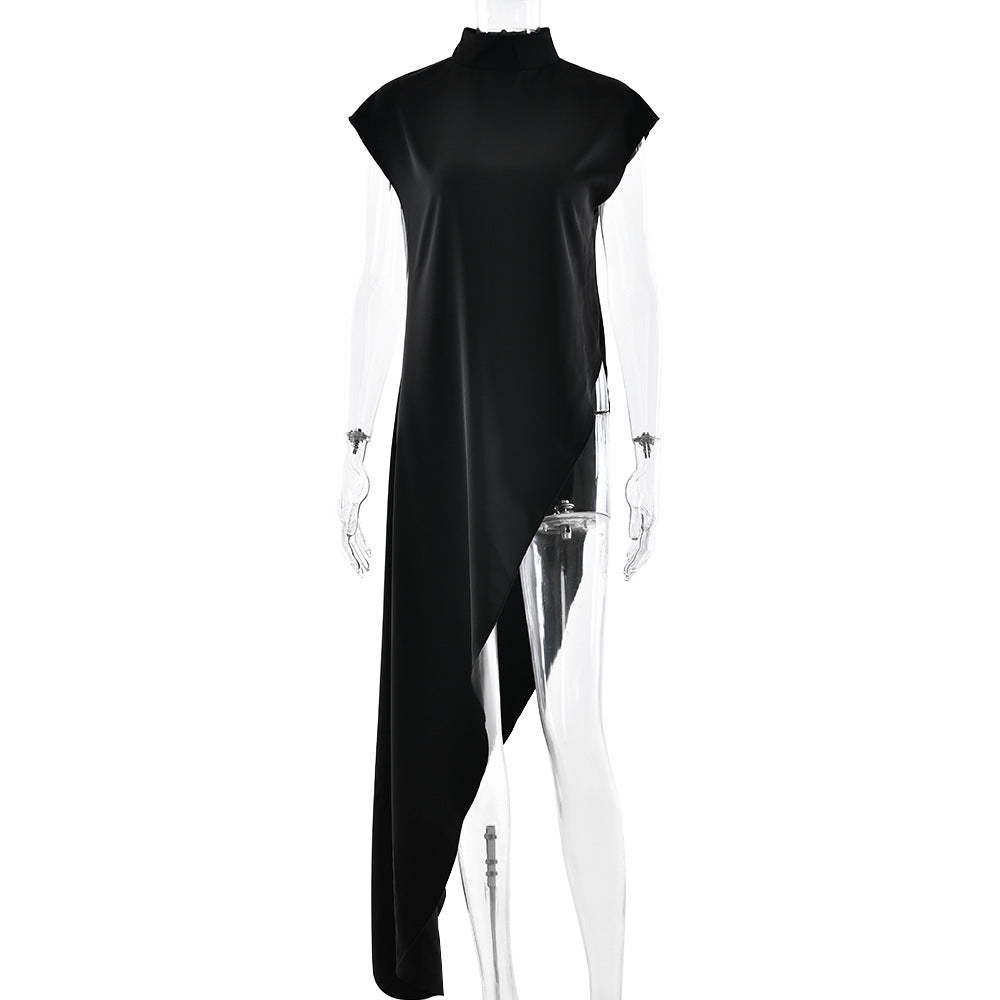 European and American ins style  new elegant semi-turtleneck satin sleeveless top solid color slim-fitting diagonal cut drape T-shirt