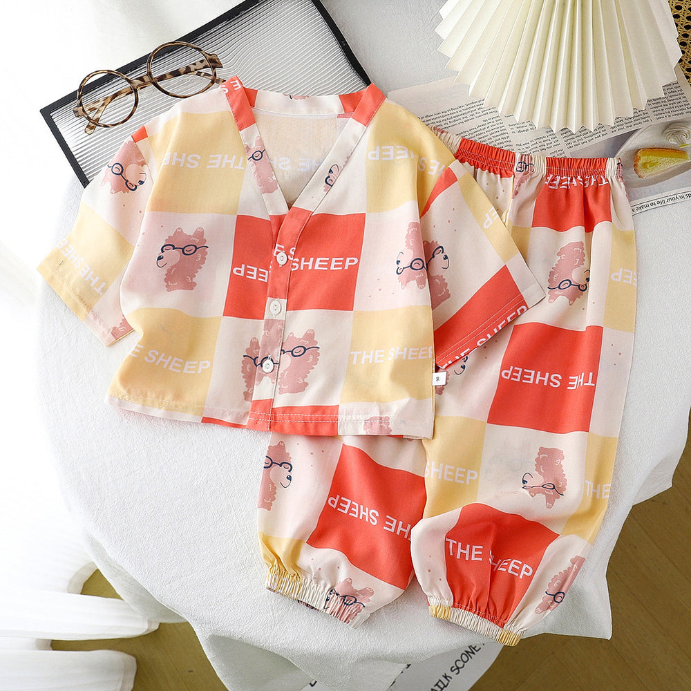 Kids' cotton linen pajama set - summer boys' and girls' sleepwear - rayon two-piece set - cotton linen air conditioning suit - children's clothing