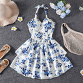 spring/summer new arrival: cross-border export girls' french style vacation dress - elegant floral print camisole v-neck bandeau dress