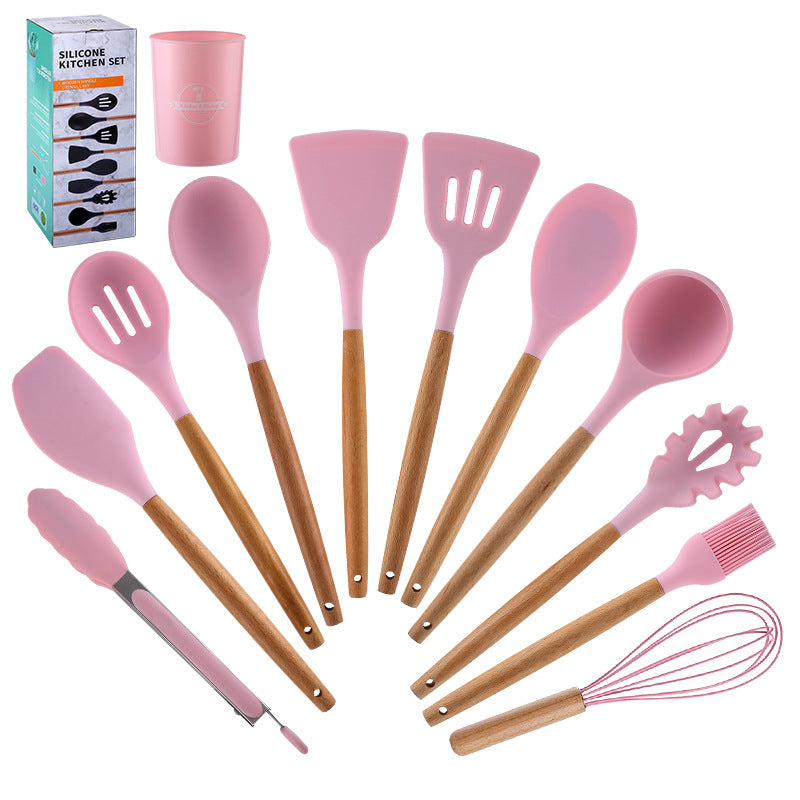 in stock silicone kitchenware for home non-stick pan cooking spatula baking colorful wooden handle kitchen supplies