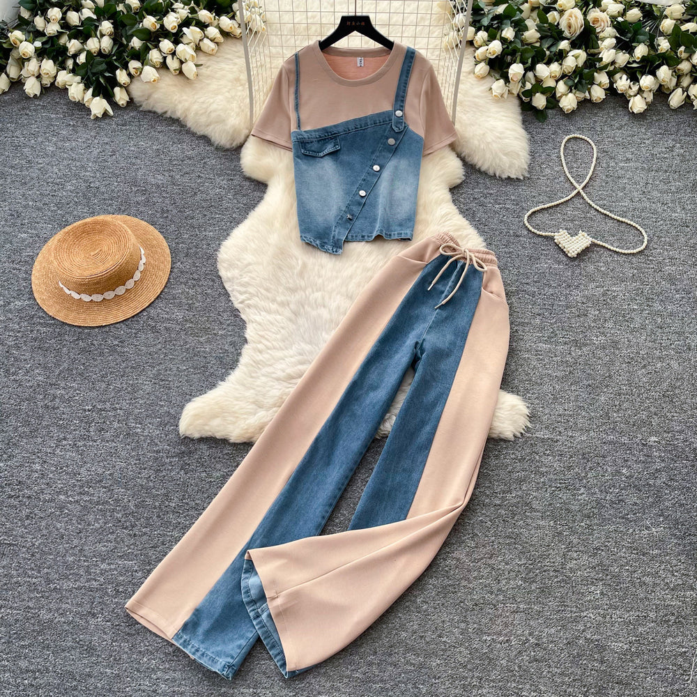 Hong kong style retropatchwork denim casualtwo-piece set for women summerslimming lookhigh waistwork clothing lazy stylesuit