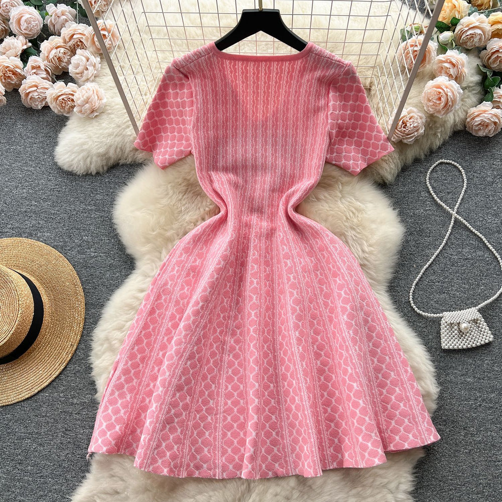 Knitted dress  new women's summer korean style elegant v-neck slim fit short a-line maxi skirt trendy women's fashion