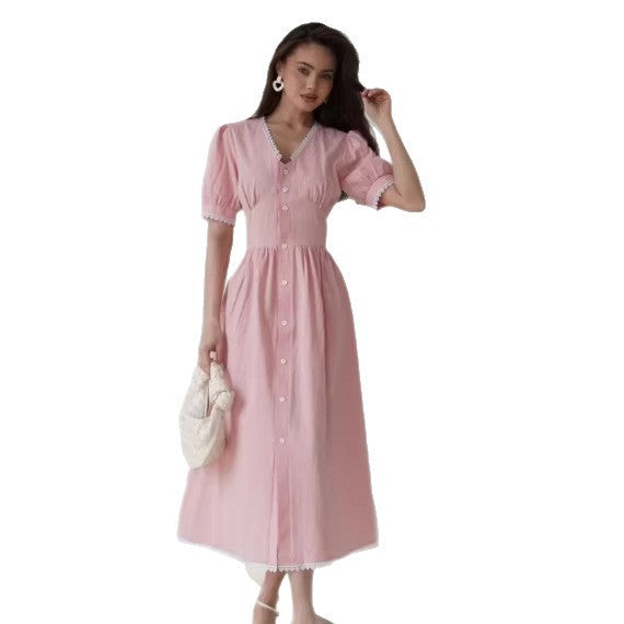 Hepburn style lace high-end dressplus size covers the flesh and covers the crotch, waist slimming look over pink slimming look