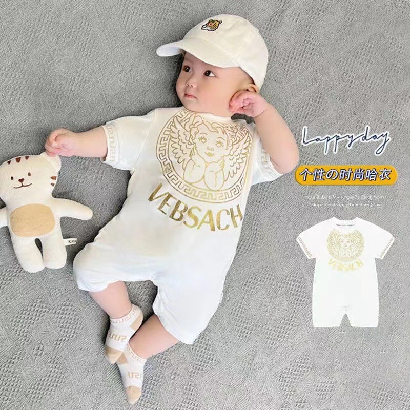 Baby romper summer thin style boy's crawling suit short sleeve onesie summer outfit gold foil print outdoor jumpsuit
