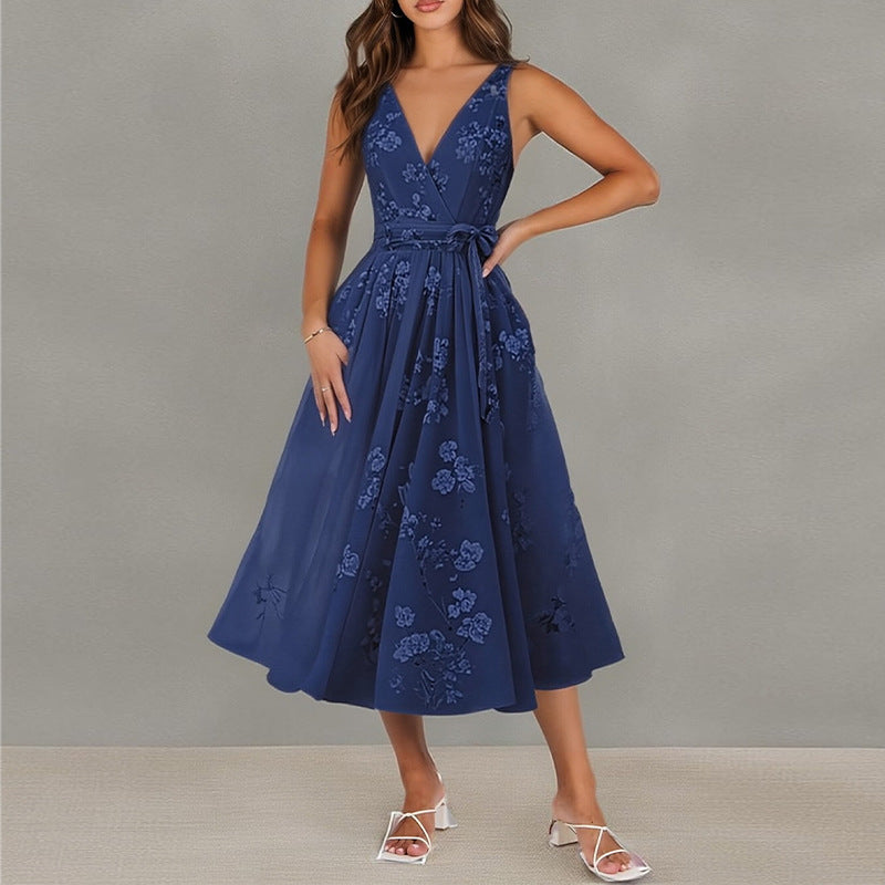 women's summer maxi dress - cross-border european & american style - elegant printed waist-tie dress