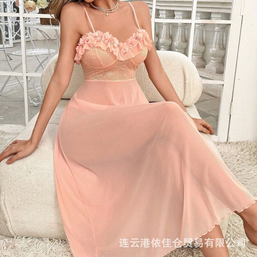 new home & lingerie: sexy suspender maxi dress - 3d lace, solid color, elegant style, sleepwear