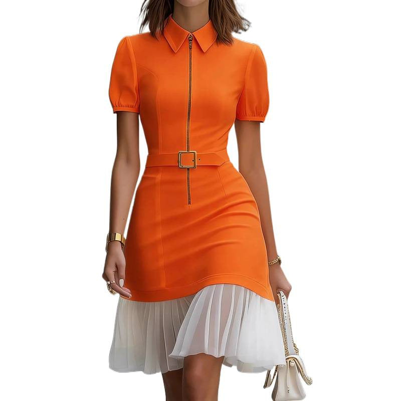 Amazon elegance contrast color polo collar short sleeve dress  summer new arrival slim slimming look short skirt