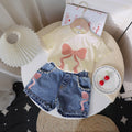 new cross-border girls' round neck printed knit top and denim beaded embroidered jeans two-piece set