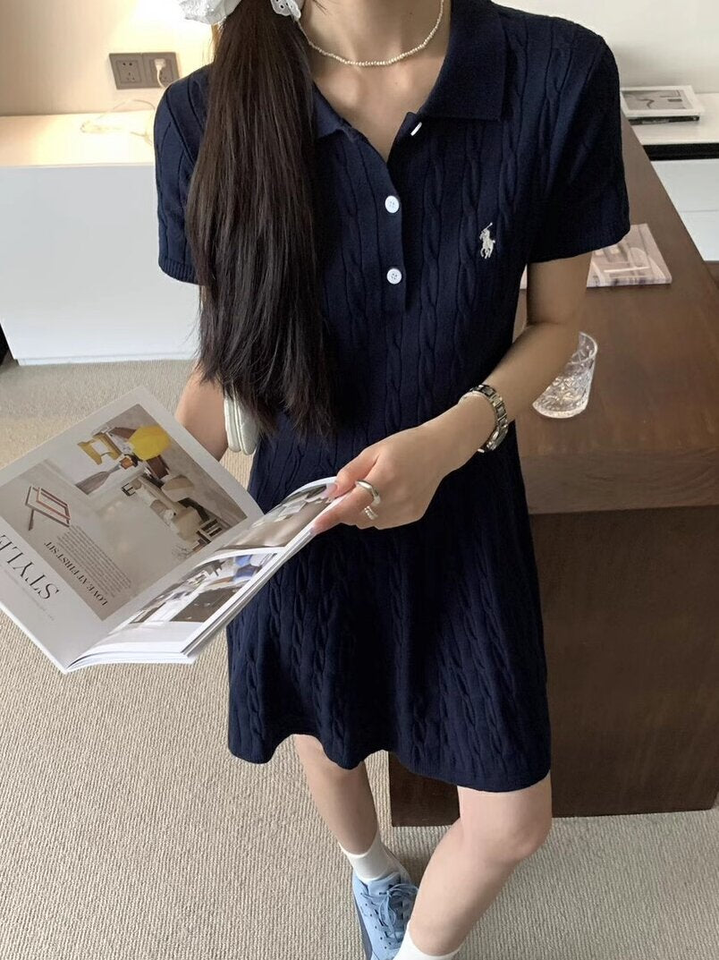 Classic export polo style preppy casual summer cable knit short sleeve knit dress skirt for women