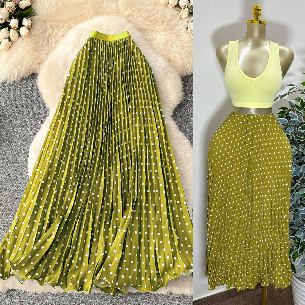 K-style polka dot pleated elegance skirt women's high waistslimming looka-line long skirtwork clothingeasiest for matchpatchworkelegant skirt
