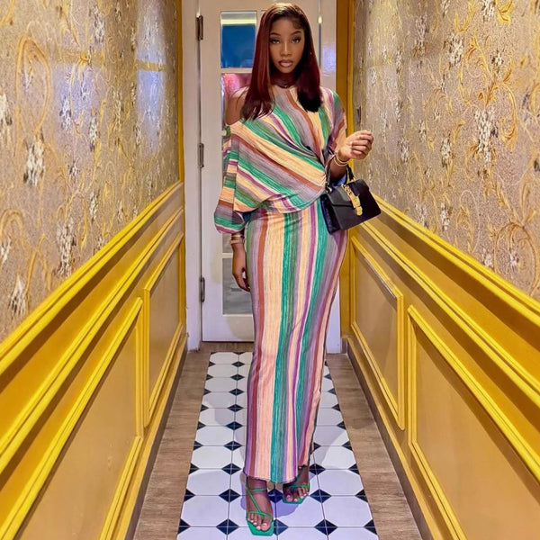 European and American women's clothing sexy diagonal collar temperament fashion shirt top African casual stripe hip wrap long skirt two-piece set
