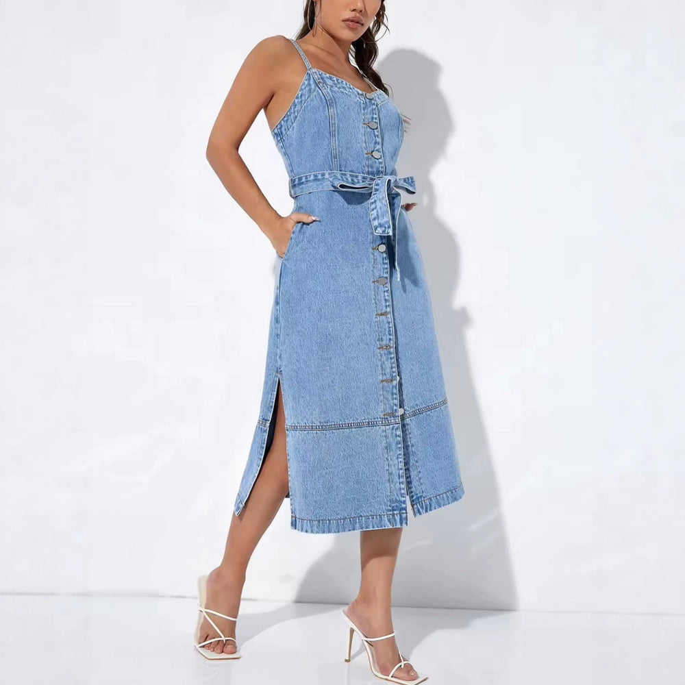 ins style fashionsummer women's dress water pattern light color denim suspender backless midi dress