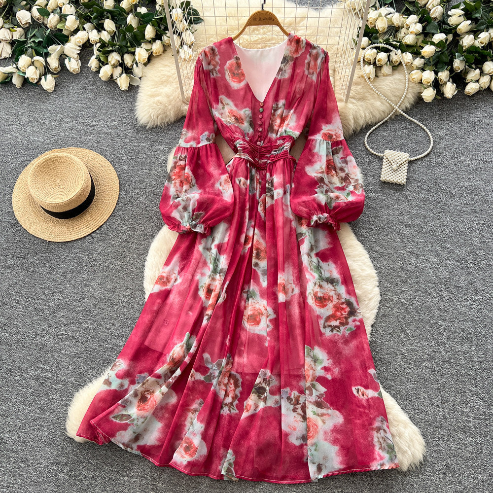 French chic floral print dress - women's v-neck puff sleeve, slimming waist, elegant maxi dress - perfect for vacation