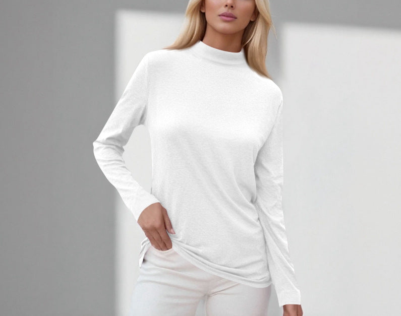 cross-border new women's long-sleeve t-shirt: everyday casual, mid-neck, solid color top, base layer - in stock