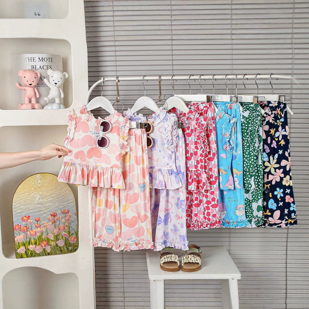 Girls' rayon outerwear set - cartoon print, loungewear, loose fit, breathable, cute summer lightweight lace pajamas