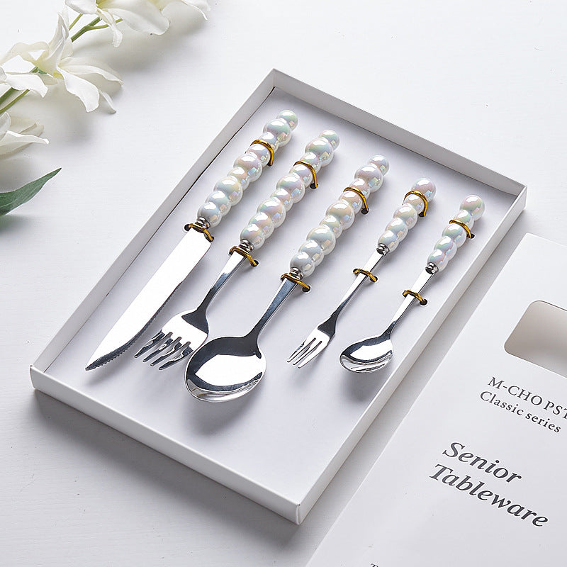 Luxury ceramic handle cutlery set - high-end stainless steel dinnerware gift box for home use - western style knives, forks, and spoons - perfect for gifting