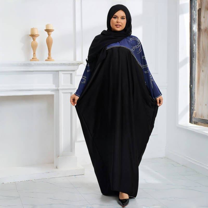 dropshipping african plus size color matching hot diamond bat sleeve loosedress with headscarf