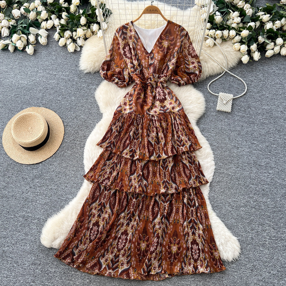 Frenchv neck green pleated dress women's summer k-style waist slimming look a-line cake long skirt dopamine style