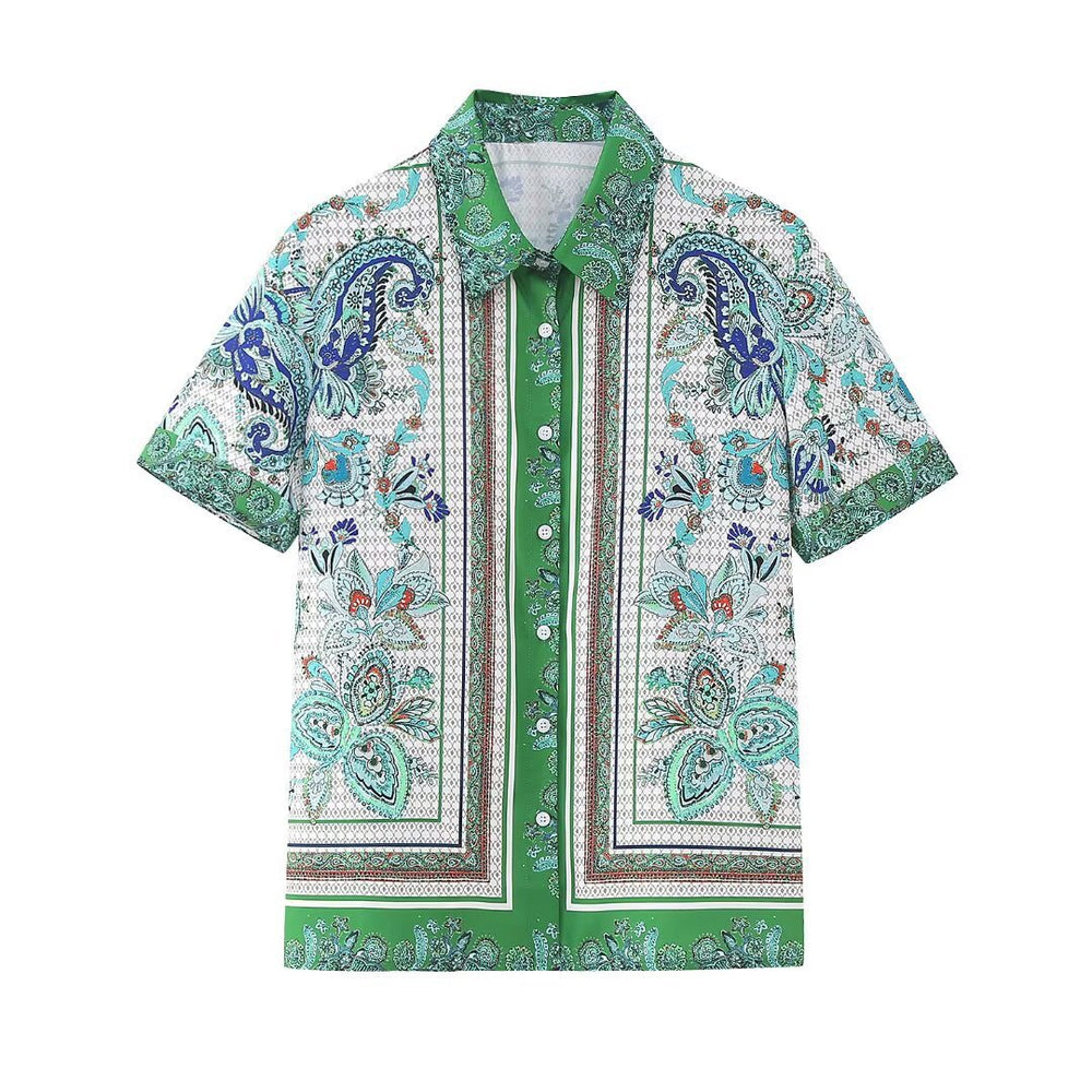 European and american cross-border women's fashion:  early autumn hot style retro print short-sleeve shirt and high-waisted shorts casual two-piece set