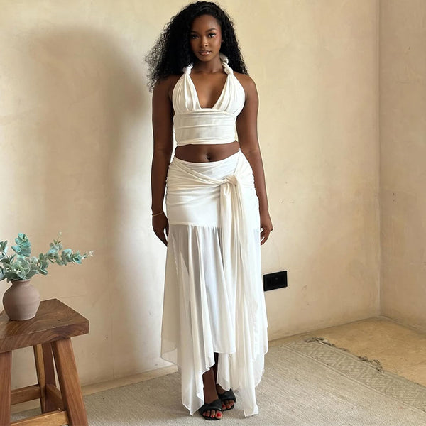 European and American  women's clothing 2025 summer new sexy neck halter suspender top strap skirt set