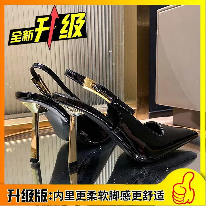 Back strap high heels for women 2024 metal stiletto small square toe one-word buckle sexy black patent leather toe sandals