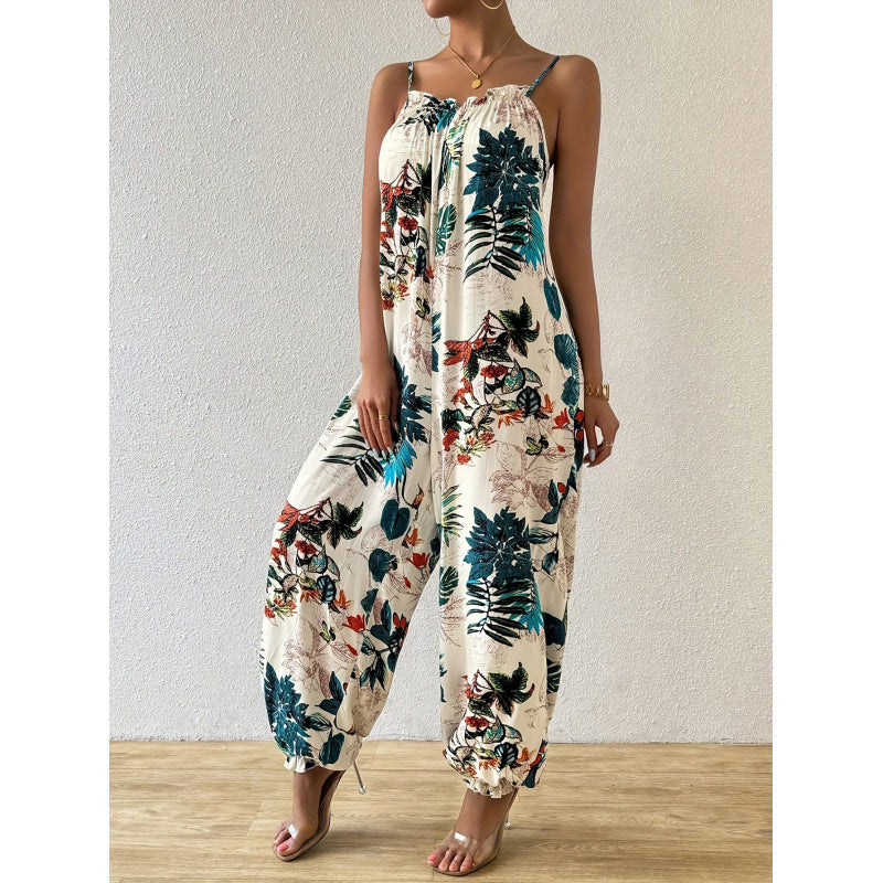 code new arrival  original women's casual plant printing jogger pants suspender jumpsuit
