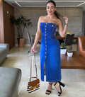 European and american style denim dress  cross-border women's fashion hot girl tube top single-breasted slit hip skirt