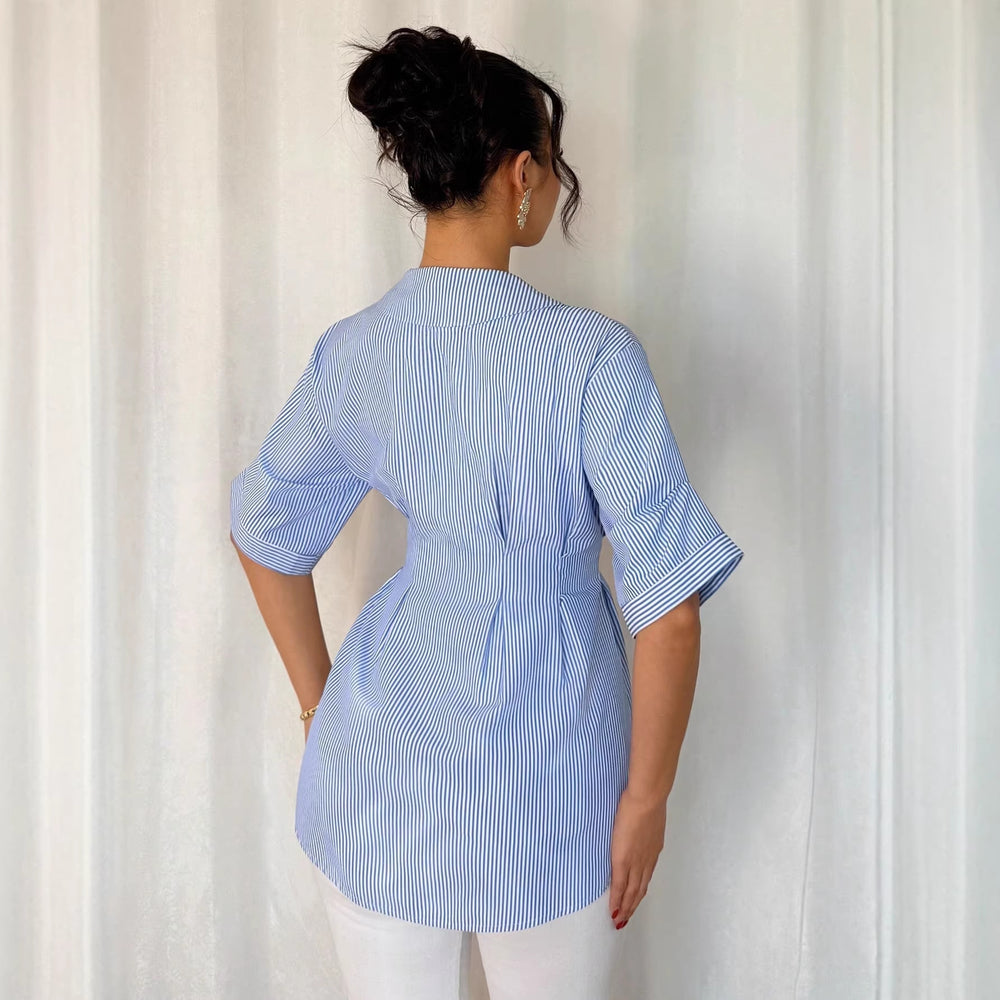Amazon cross-border exclusive: european and american style striped blouse for women, spring/summer  collection. v-neck, slim-fit, figure-flattering work shirt